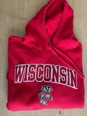 Blue 84 University of Wisconsin Red Hoodie with Bucky Badger Logo
